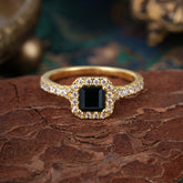Princess Cut Black Onyx Engagement Ring Halo Half Eternity Pave Band